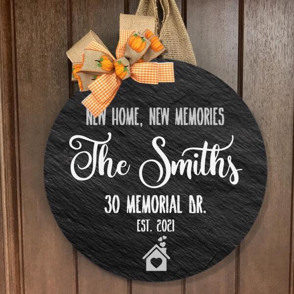 New Home New Memories - Personalized Custom Family Name & Address Door Wreath Hanger Sign Decor