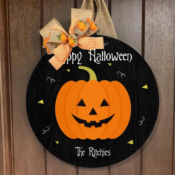 Happy Halloween - Personalized Last Name Door Sign -  Funny Pumpkin Patch Door Hanger Decor