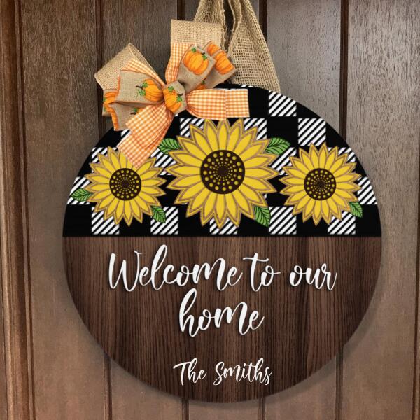 Personalized Custom Family Name Door Sign - Plaid Sign - Sunflower Door Hanger Decor