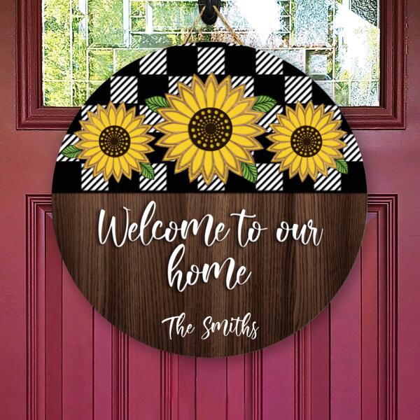 Personalized Custom Family Name Door Sign - Plaid Sign - Sunflower Door Hanger Decor