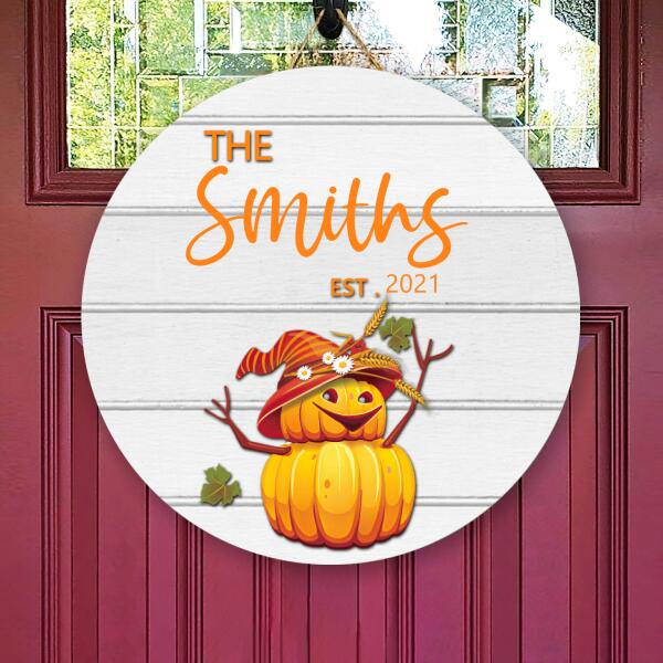 Cute Pumpkin - Personalized Custom Family Name Door Sign - Halloween House Decor