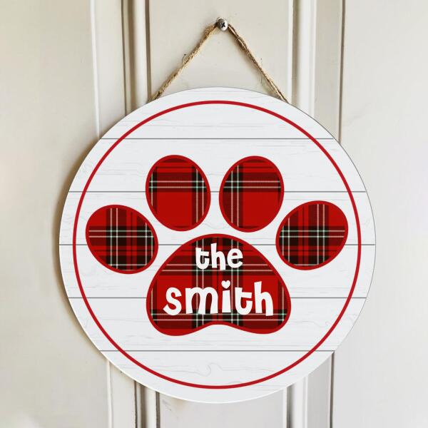 Paw Sign - Buffalo Plaid - Dog Lovers Gift - Personalized Custom Family Name Door Hanger