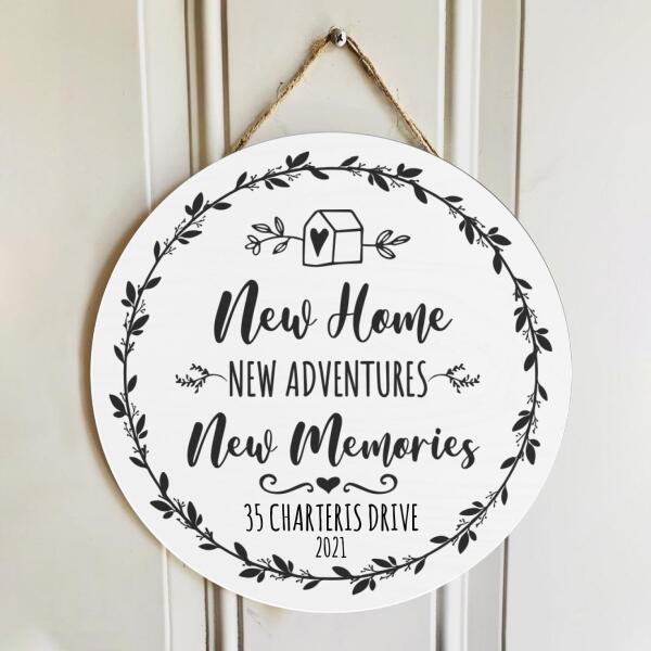 New Home Adventures Memories - Personalized Address & Year Door Wreath Hanger Welcome Sign