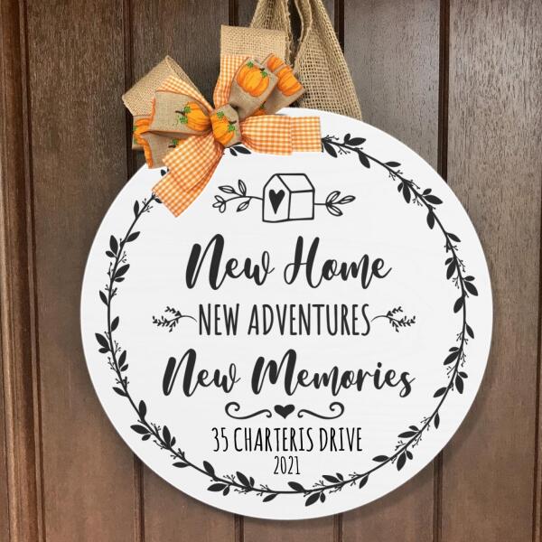 New Home Adventures Memories - Personalized Address & Year Door Wreath Hanger Welcome Sign