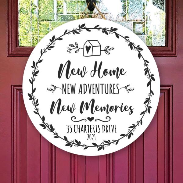 New Home Adventures Memories - Personalized Address & Year Door Wreath Hanger Welcome Sign