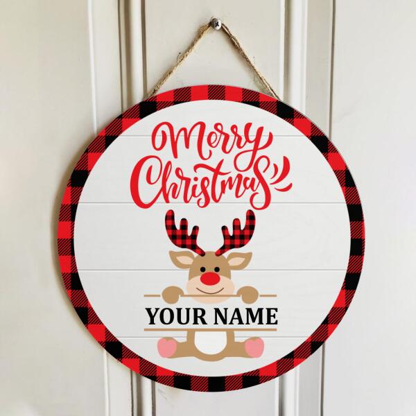 Merry Christmas - Reindeer Decoration - Personalized Custom Family Name Xmas Door Hanger Sign