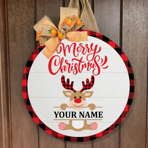 Merry Christmas - Reindeer Decoration - Personalized Custom Family Name Xmas Door Hanger Sign