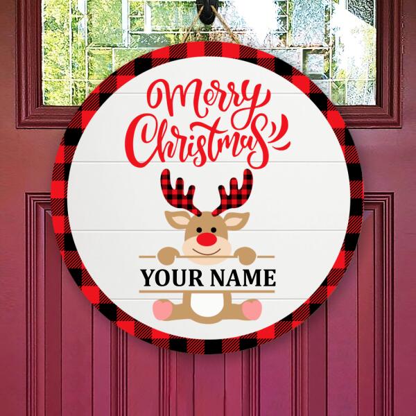 Merry Christmas - Reindeer Decoration - Personalized Custom Family Name Xmas Door Hanger Sign