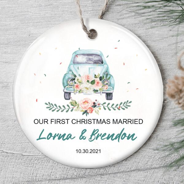 Our First Christmas Just Married - Floral Car Decor - Personalized Custom Names & Date Ornament