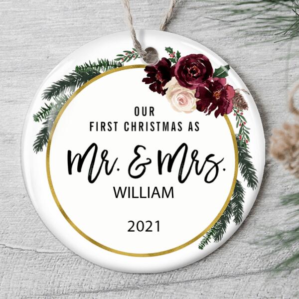 Our First Christmas As Mr. & Mrs - Gift For Couple - Rustic Ceramic Wreath Xmas Ornaments