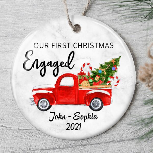 Our First Christmas Engaged - Red Truck Decor - Personalized Custom Names Xmas Ornament Gift
