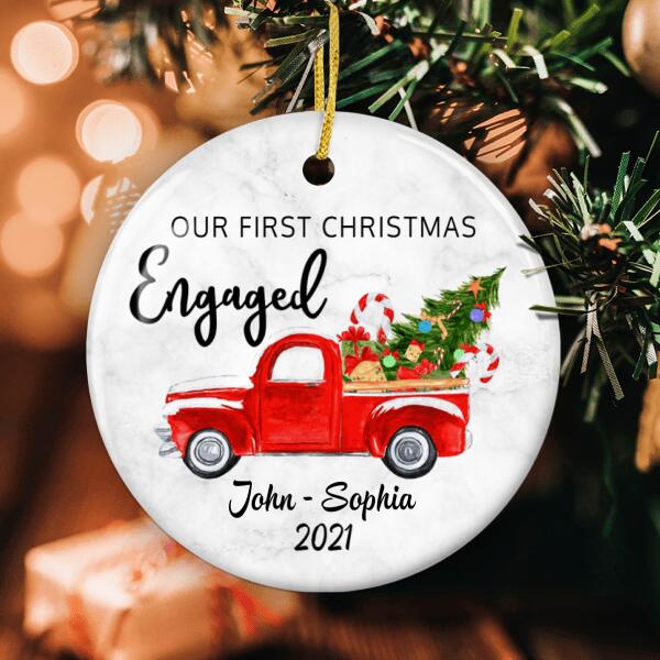 Our First Christmas Engaged - Red Truck Decor - Personalized Custom Names Xmas Ornament Gift