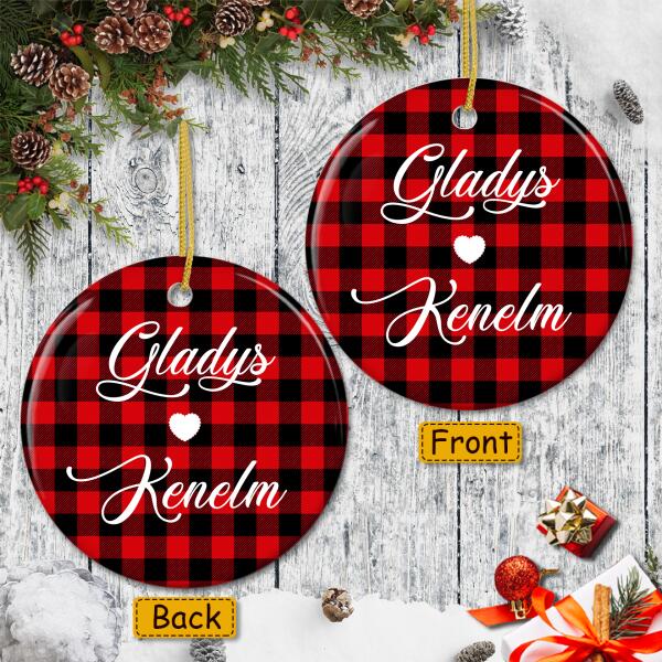 Xmas Heart On Buffalo Plaid - Personalized Couple Names & Date Ceramic Christmas Ornament