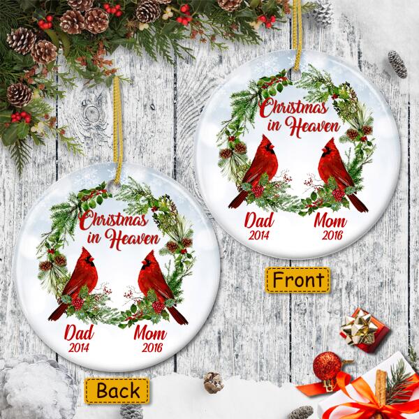 Family Memorial Sympathy Gift - Cardinal Bird - Personalized Custom Year Xmas Wreath Ornament