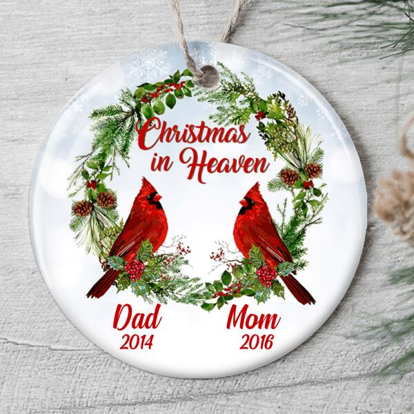 Family Memorial Sympathy Gift - Cardinal Bird - Personalized Custom Year Xmas Wreath Ornament