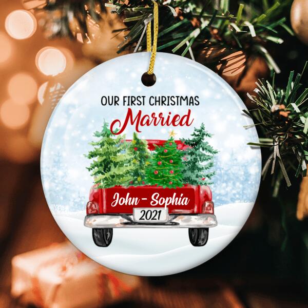 First Christmas Married - Xmas Trees & Red Truck Decor - Personalized Custom Names Ornament