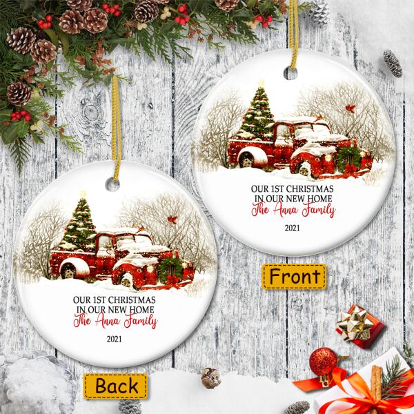1st Christmas In Our New Home - Red Truck & Snow - Personalized Custom Family Name Ornament