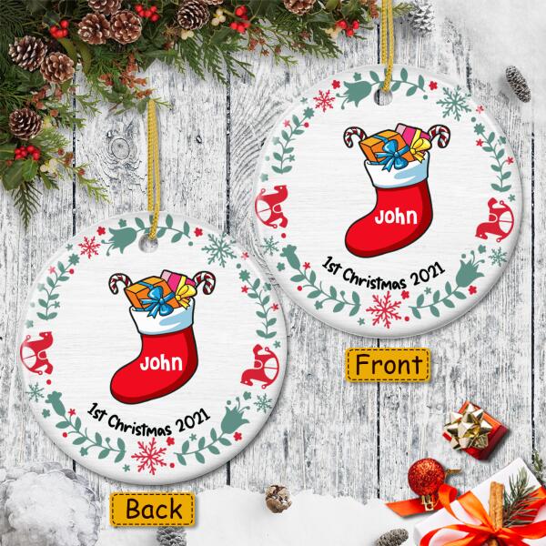 1st Christmas 2021 - Sock & Gift Decor - Personalized Custom Name Xmas Baby First Ornament