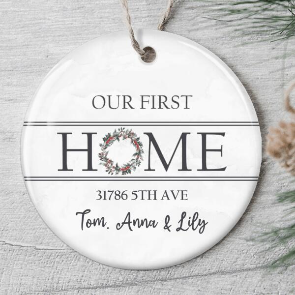 Our First Home - Personalized Custom Names & Address Christmas Ornament - Rustic Xmas Decor