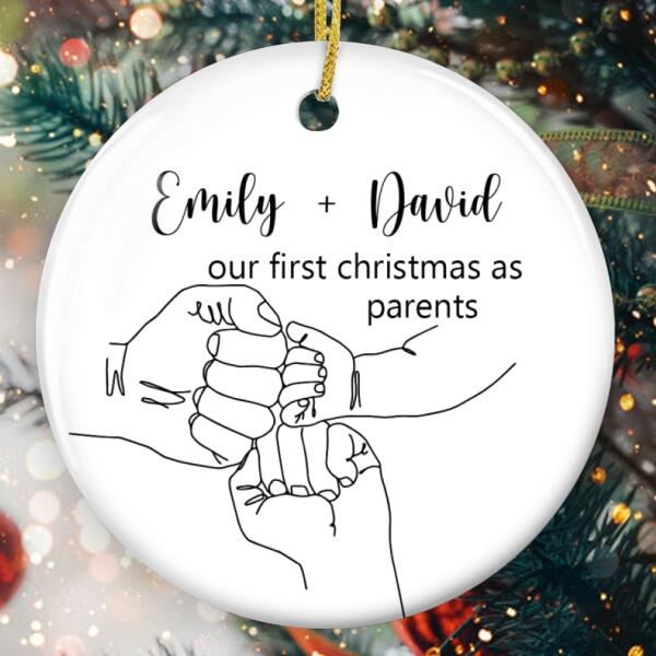 First Christmas As Parents - Baby Birth Hands Decor - Personalized Names Xmas Ornament Gift