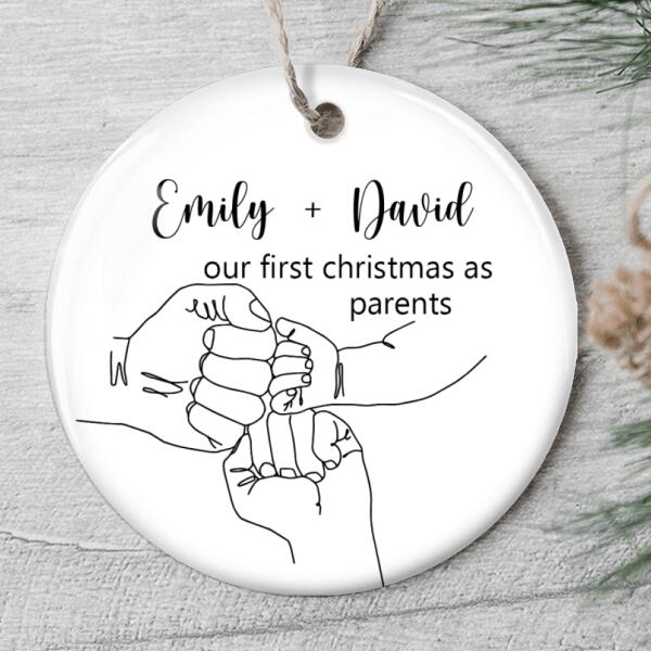 First Christmas As Parents - Baby Birth Hands Decor - Personalized Names Xmas Ornament Gift