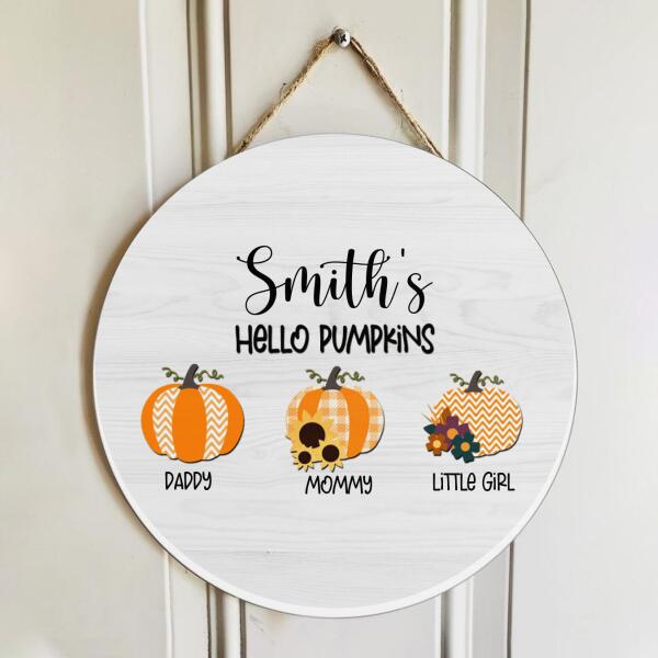 Hello Pumpkins - Fall Wreath - Personalized Custom Family Name Door Hanger - Halloween Decor