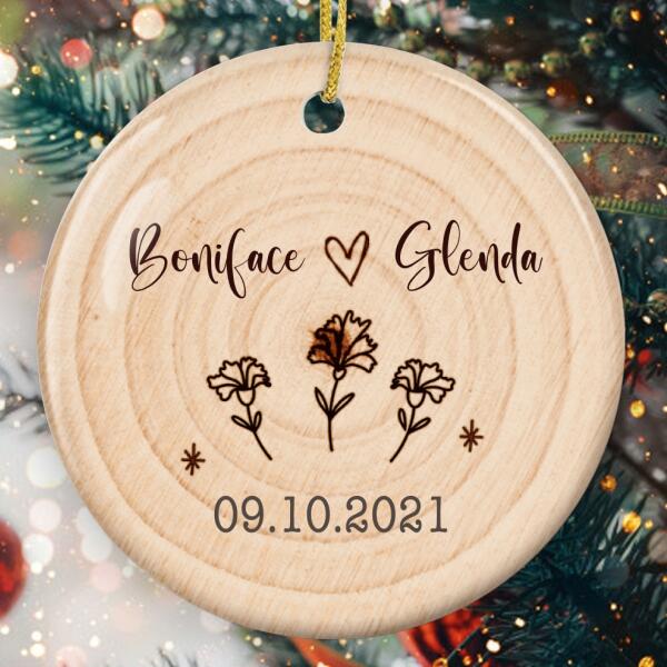 Personalized Couple Names And Date Ornament - Flower Ornament - Christmas Tree Decor - Xmas Gift