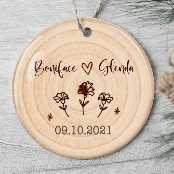 Personalized Couple Names And Date Ornament - Flower Ornament - Christmas Tree Decor - Xmas Gift