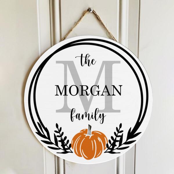 Hello Fall Pumpkin - Personalized Custom Family Name Monogram Door Sign Housewarming Gift