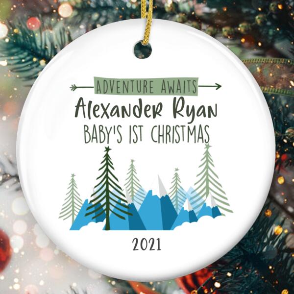Adventure Awaits Baby 1st Christmas Ornament - Personalized Baby Name Ornament - Baby Shower Gift
