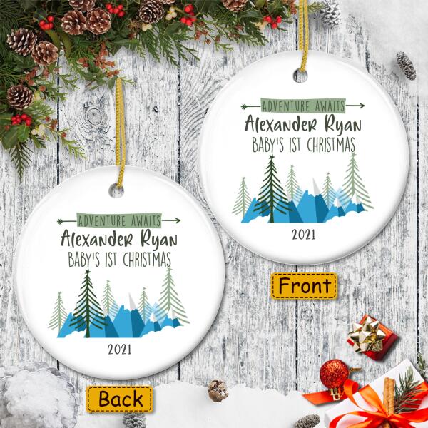 Adventure Awaits Baby 1st Christmas Ornament - Personalized Baby Name Ornament - Baby Shower Gift