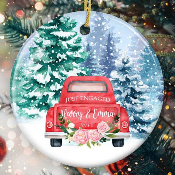 Just Engaged - Red Truck Ornament - Personalized Couples Name Ornament - Engagement Gift