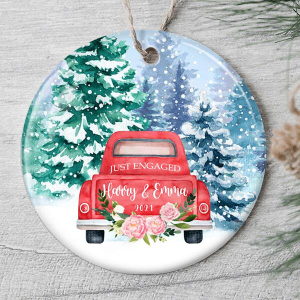 Just Engaged - Red Truck Ornament - Personalized Couples Name Ornament - Engagement Gift