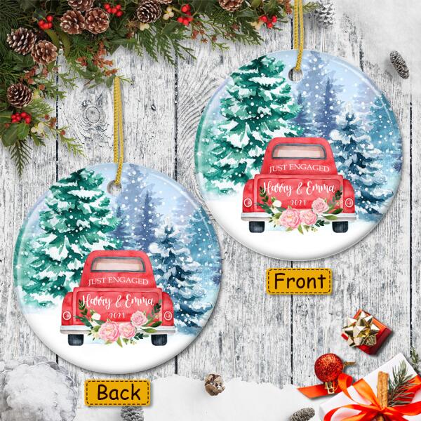 Just Engaged - Red Truck Ornament - Personalized Couples Name Ornament - Engagement Gift