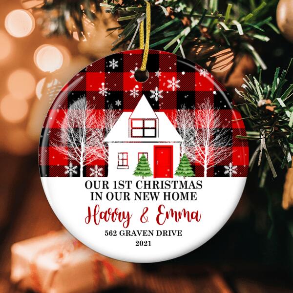 Our 1st Christmas In New Home Ornament - Plaid Sign - Personalized Name Bauble - Xmas Gift For New Couples