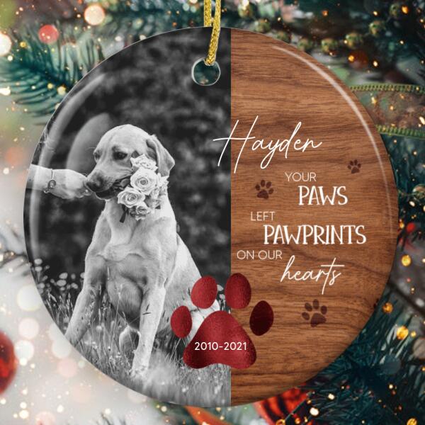 Your Paws Left Pawprints On Our Hearts - Memorial Ornament - Custom Pet Photo Keepsake - Pet Lovers Gift