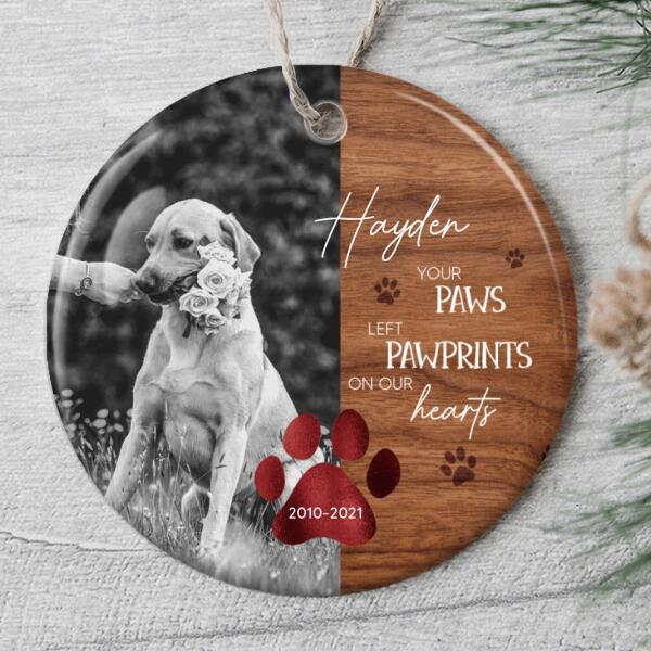 Your Paws Left Pawprints On Our Hearts - Memorial Ornament - Custom Pet Photo Keepsake - Pet Lovers Gift