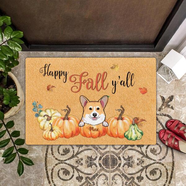 Happy Fall Y'all - Maple Leaves & Pumpkin - Personalized Custom Autumn Dog Peeking Doormat