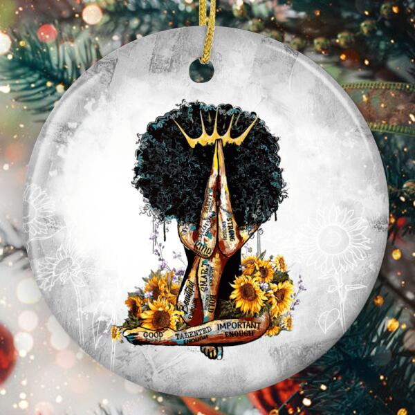 Black Queen Praying Ornament - Afro Queen Sunflower Ornament - Powerful Afro Woman Bauble - BLM Home Decor