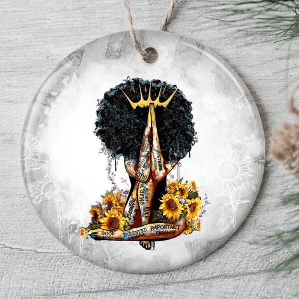 Black Queen Praying Ornament - Afro Queen Sunflower Ornament - Powerful Afro Woman Bauble - BLM Home Decor