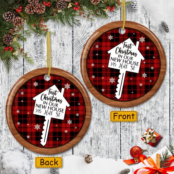 New Home Gift - Just Married Couple - Personalized Custom Address Buffalo Plaid Ornament