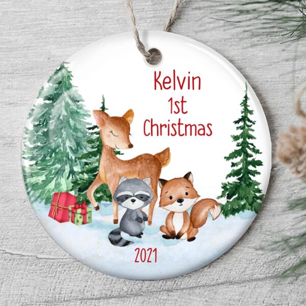 Baby 1st Christmas Ornament - Animal Bauble - Personalized Name - Xmas Gift For Newborn Baby