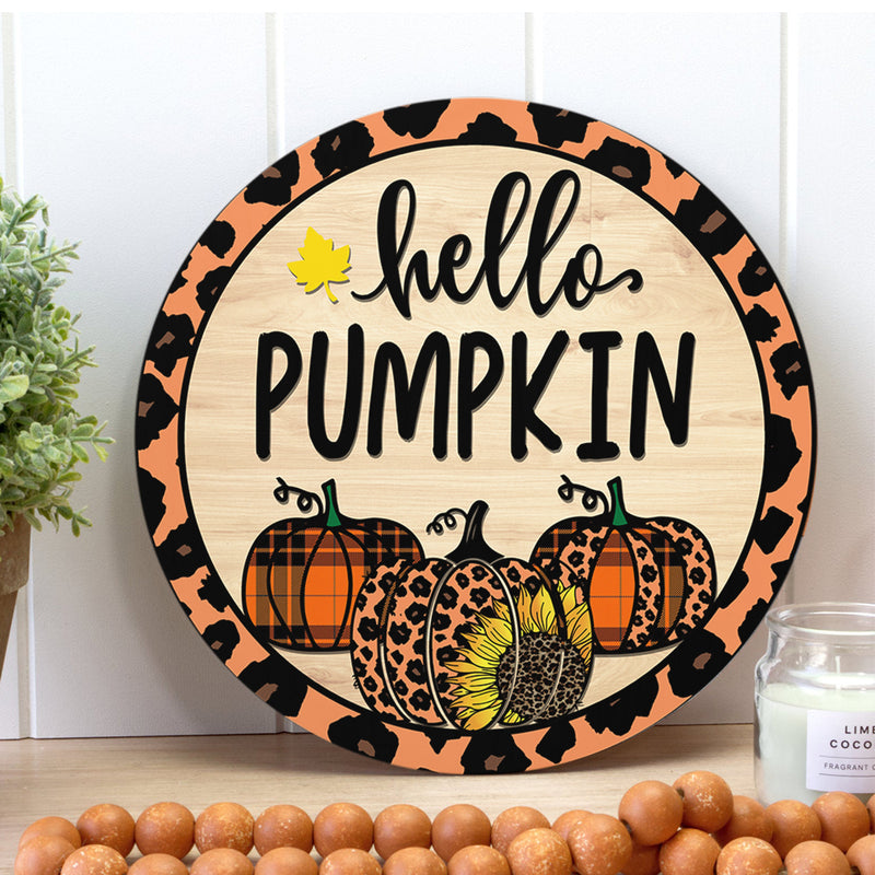 Hello Pumpkin Door Sign -  Leopard Pumpkin Door Hanger - Welcome Thanksgiving Home Decor