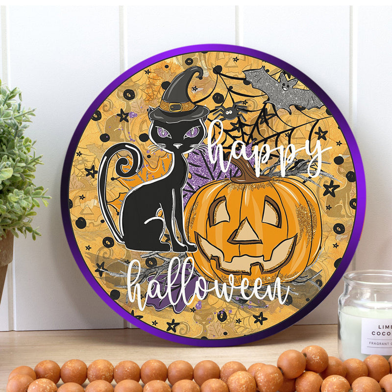 Creepy Happy Halloween Decor - Black Cat & Pumpkin Decoration - Welcome Door Hanger Sign