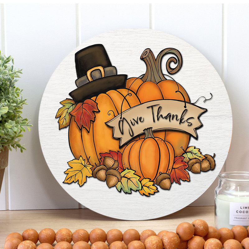 Give Thanks Door Sign - Thankful Pumpkin Decor - Fall Thanksgiving Gift Door Hanger