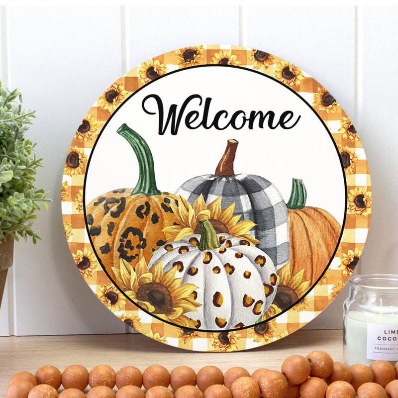 Welcome Pumpkin Fall Door Sign - Rustic Autumn Thanksgiving Gift Wreath Door Hanger Decor
