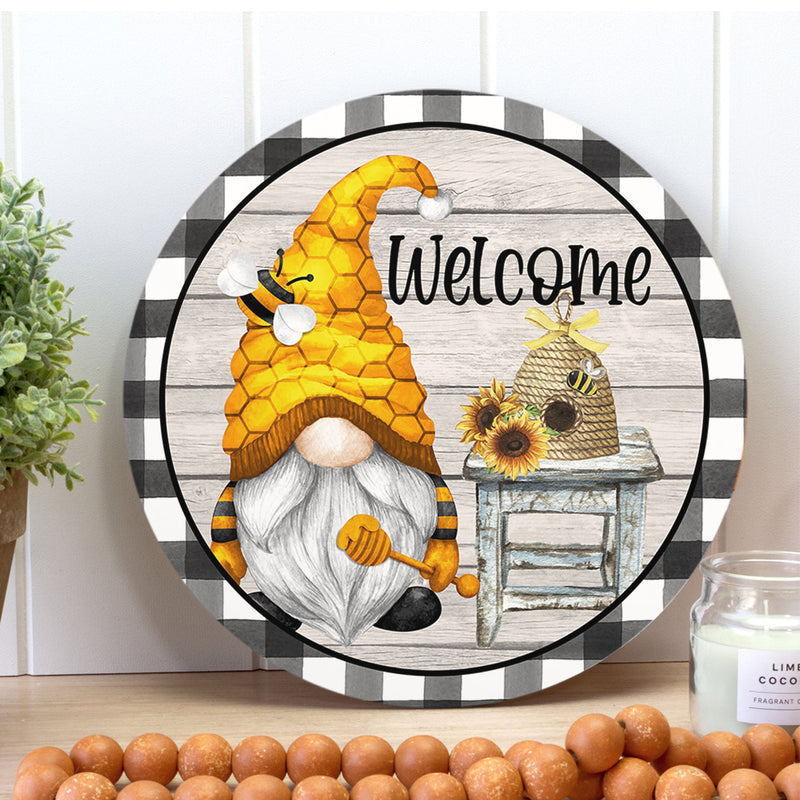Welcome - Bee Gnome Sunflower Door Hanger Sign - Rustic Front Wreath Door Gift Decor