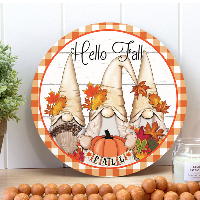 Hello Fall - Gnomes & Maple Leaves Decoration -  Autumn Wreath Door Hanger Sign Decor