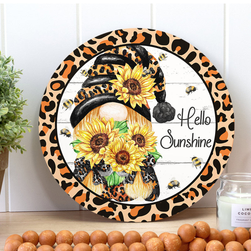 Hello Sunshine Bee - Leopard Gnome Door Hanger Sign - Fall Housewarming Gift Home Decor