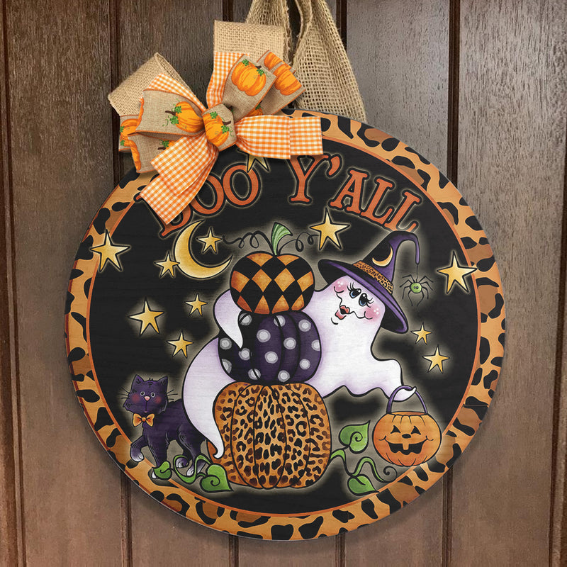 Boo Y'all - Cute Ghost - Leopard Pumpkin - Creepy Halloween Door Hanger - Fall House Decor